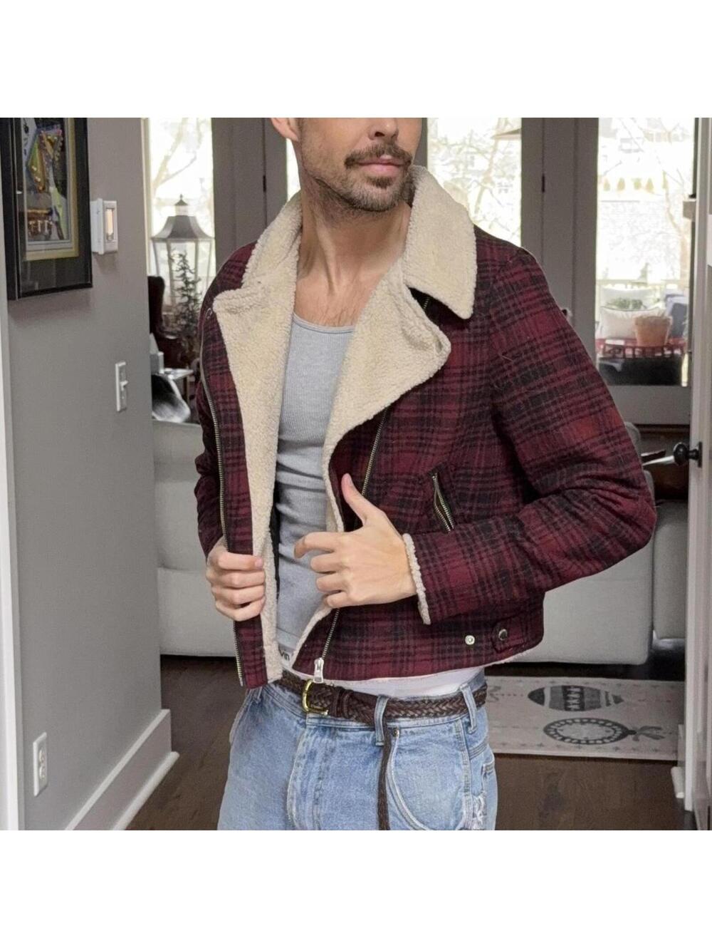 🍷 American Eagle Sherpa Plaid Moto Jacket – Women’s L